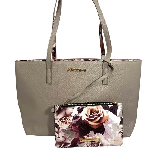 Betsey Johnson XO Zaria Purse Tote Floral Taupe And Clutch Interior Satin Roses - Picture 1 of 13
